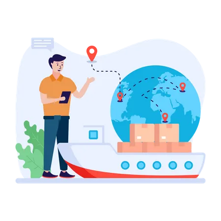 Man using cargo ship to deliver packages  Illustration