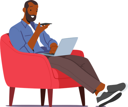 Man Using Chat Bot Service On His Smartphone And Laptop While Sitting On An Armchair  Illustration