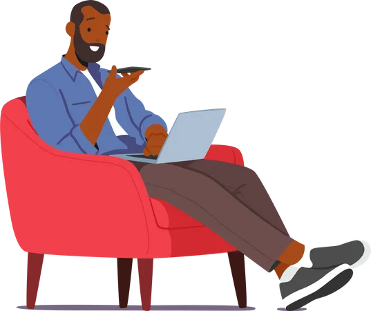 Man Using Chat Bot Service On His Smartphone And Laptop While Sitting On An Armchair  Illustration