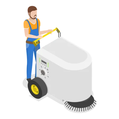 Man using cleaning machine to mop floor  Illustration