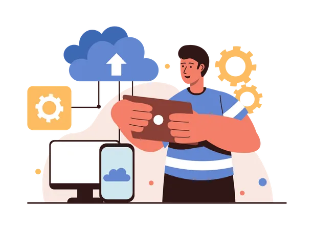 Man using cloud computing services Illustration