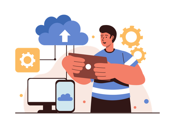 Man using cloud computing services  Illustration