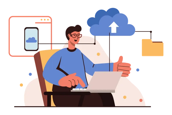 Man using cloud computing technology Illustration