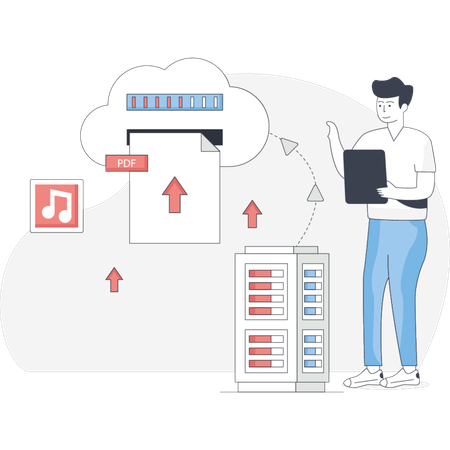 Man using cloud data server to upload  Illustration