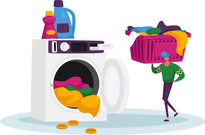 Man using coin laundry service  Illustration