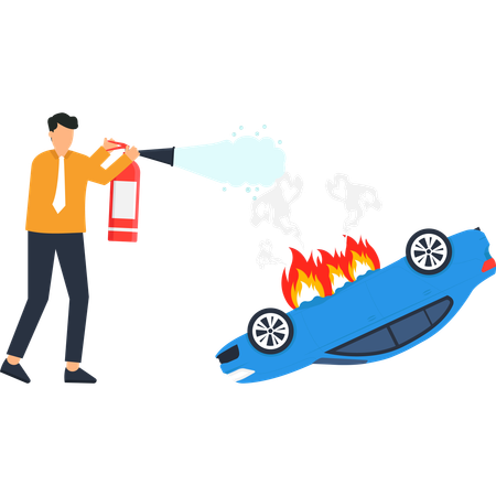 Man using fire extinguisher to stop burning car  Illustration