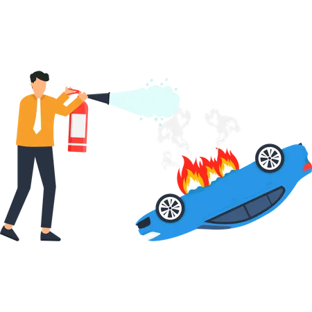 Man using fire extinguisher to stop burning car  Illustration
