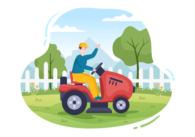 Man using grass cutting machine Illustration