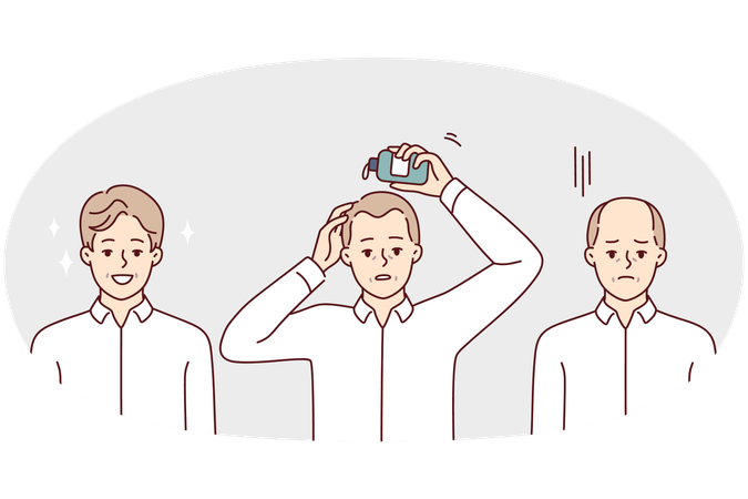 Man using hair growth gel rejoices after seeing good result of cosmetic product  Illustration