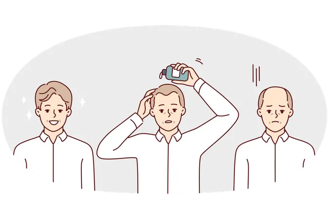Man using hair growth gel rejoices after seeing good result of cosmetic product  Illustration