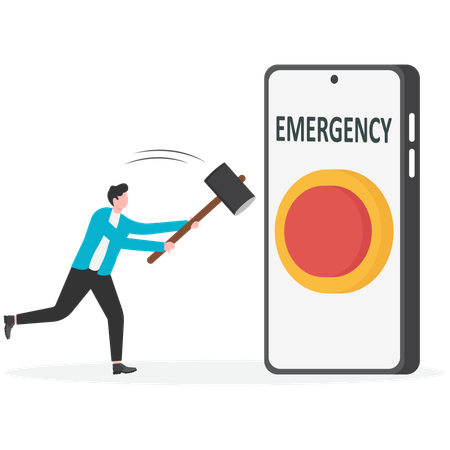Man using hammer hitting emergency button  Illustration