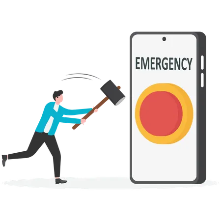 Man using hammer hitting emergency button  Illustration