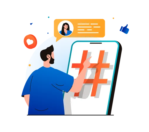 Man using hashtag to promote profile  Illustration