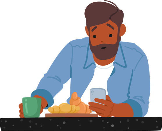 Man Using His Smartphone While Having Breakfast Alone  Illustration