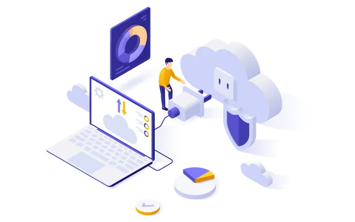 Man using internet to access cloud services  イラスト