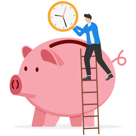 Man using ladder to climb and holding big clock or watch put into pink saving piggy bank  일러스트레이션
