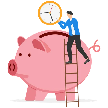 Man using ladder to climb and holding big clock or watch put into pink saving piggy bank  Illustration