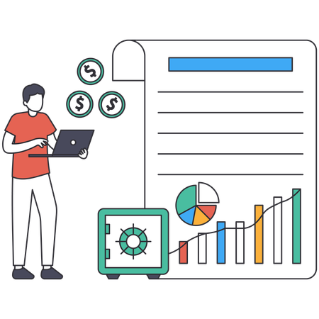 Man using laptop doing Net Income Calculating  Illustration