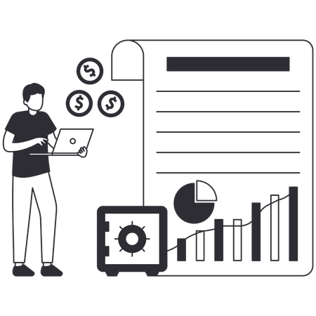 Man using laptop doing Net Income Calculating  Illustration