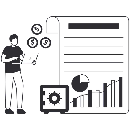 Man using laptop doing Net Income Calculating  Illustration