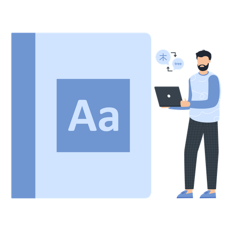 Man using laptop for language translation  Illustration
