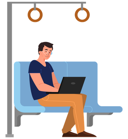 Man using laptop in public transport  Illustration