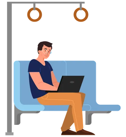 Man With Laptop Computer Male Character Working On Notebook In Public Transport Man Sitting On The Bus In The Subway With A Laptop Isolated Flat Vector Illustration Illustration