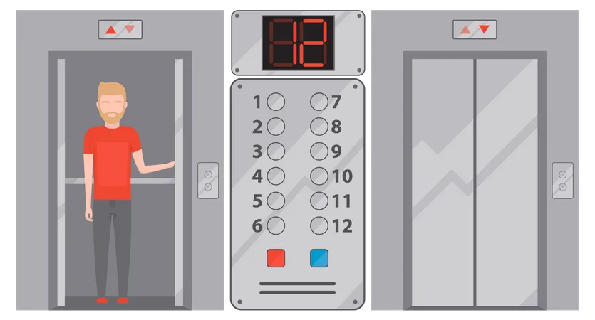 Man Stands In Modern Elevator With Iron Doors Lifting Mechanism Of New Elevator With Up And Down Buttons Passenger Closes Door Of Lift Metal Lift For Transporting People Between Floors Of Building Illustration