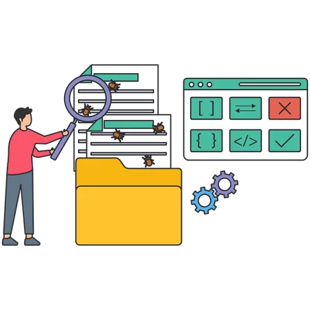 Man using magnifier glass find virus for Data Protection  Illustration