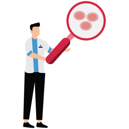 Man using Magnifying Glass doing blood cell research  Illustration
