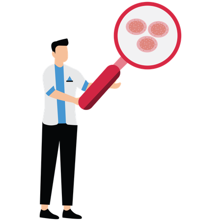 Man using Magnifying Glass doing blood cell research  Illustration