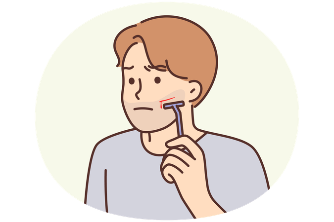 Man using manual razor cuts himself during morning skincare routine due to carelessness  Illustration