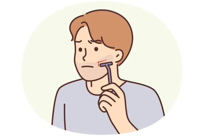 Man using manual razor cuts himself during morning skincare routine due to carelessness  Illustration