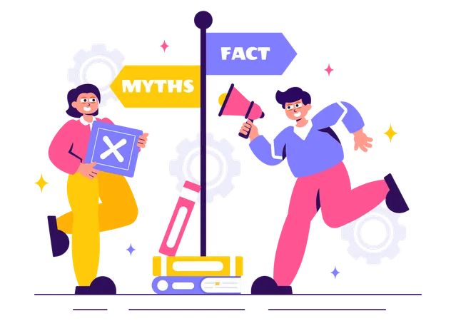 Man using megaphone announcing fact vs myths  Illustration