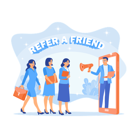 Man using megaphone doing Refer friends to share business on social media  Illustration