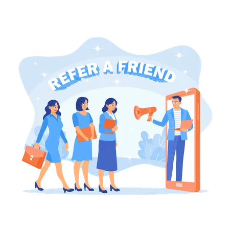 Man using megaphone doing Refer friends to share business on social media  Illustration