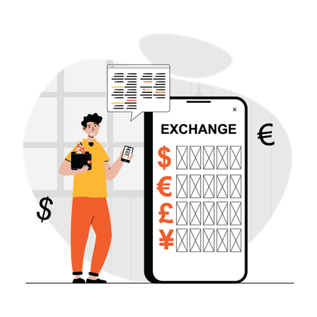 Man using mobile banking for money exchange  Illustration
