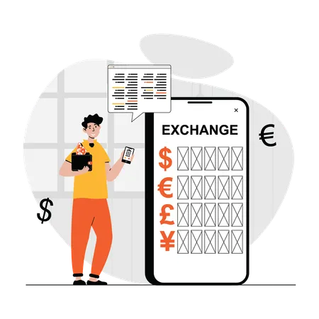 Man using mobile banking for money exchange  Illustration