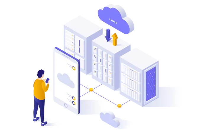 Man using mobile cloud application  Illustration