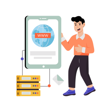 Man using mobile hosting server  Illustration