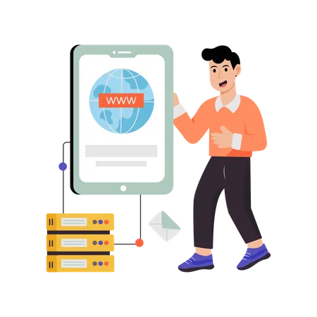 Man using mobile hosting server  Illustration