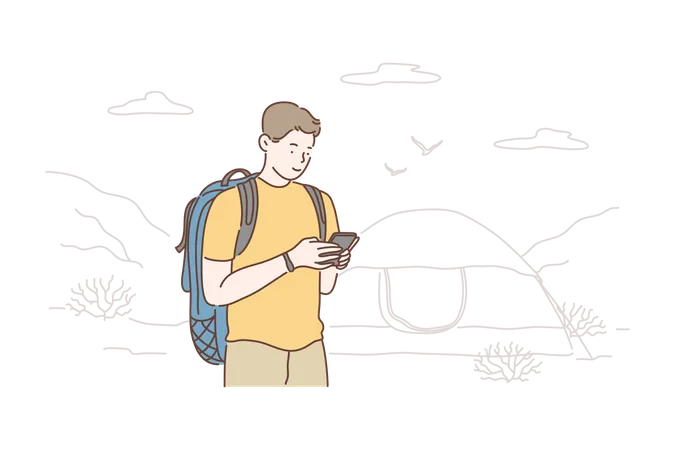 Man using mobile on camping site  Illustration