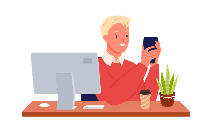 Man using mobile on desk  Illustration