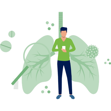 Man using mobile phone research on lungs cancer  Illustration