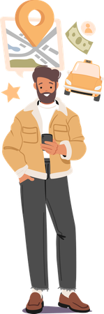 Man using mobile phone service for booking taxi cab  Illustration