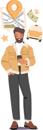 Man using mobile phone service for booking taxi cab  Illustration