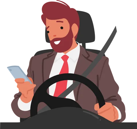 Unsafe And Illegal Behavior Man Character Using Mobile Phone While Driving Putting Himself And Others At Risk Distracted Driving Can Lead To Accidents Concept Cartoon People Vector Illustration 일러스트레이션