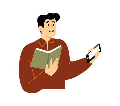 Man using mobile while reading book Illustration