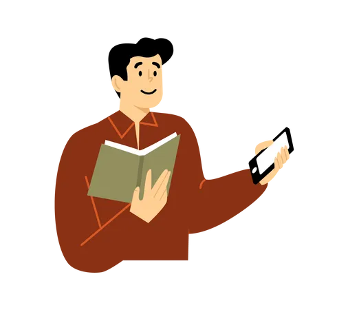 Man using mobile while reading book Illustration