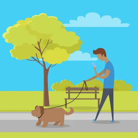 Man using mobile with dog in City Park  Illustration